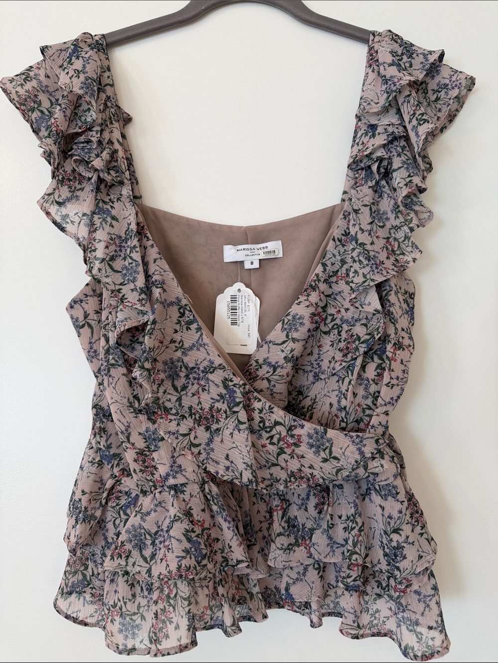 Marissa Webb Dusty Rose Floral Ruffle V-Neck Tank EUC Size 8 Medium